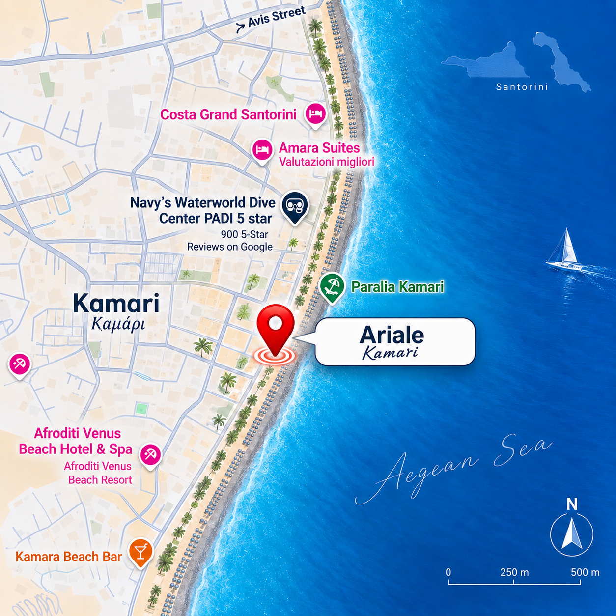 Map showing the location of Ariale on Kamari Beach